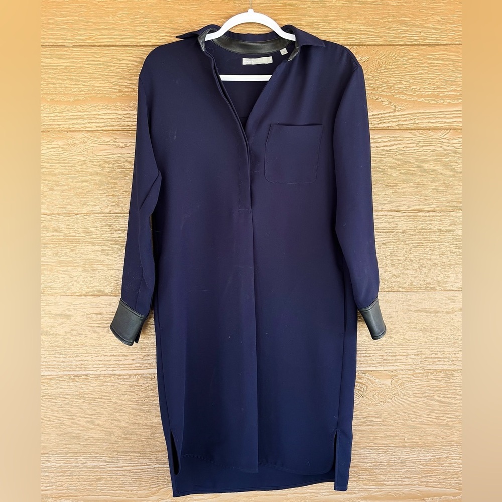 Vince Navy Long Sleeve Collared Over Sized Dress with Leather-Trim Cuffs XS